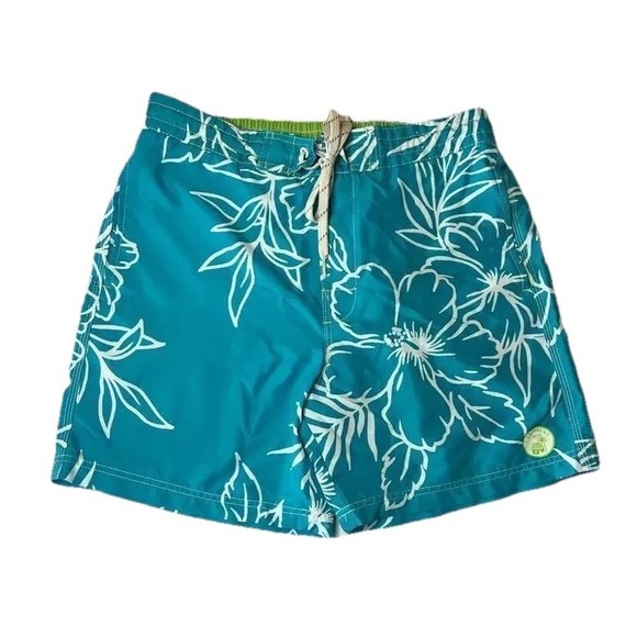 Caribbean Joe Men's Hawaiian Swim Trunks Blue Drawstring Size M Pockets Lining - Picture 1 of 10
